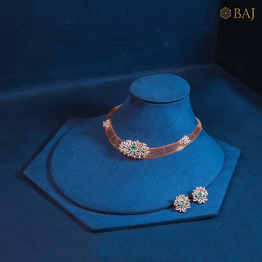 Royal Bloom diamond necklace set in gold with matching earrings floral design