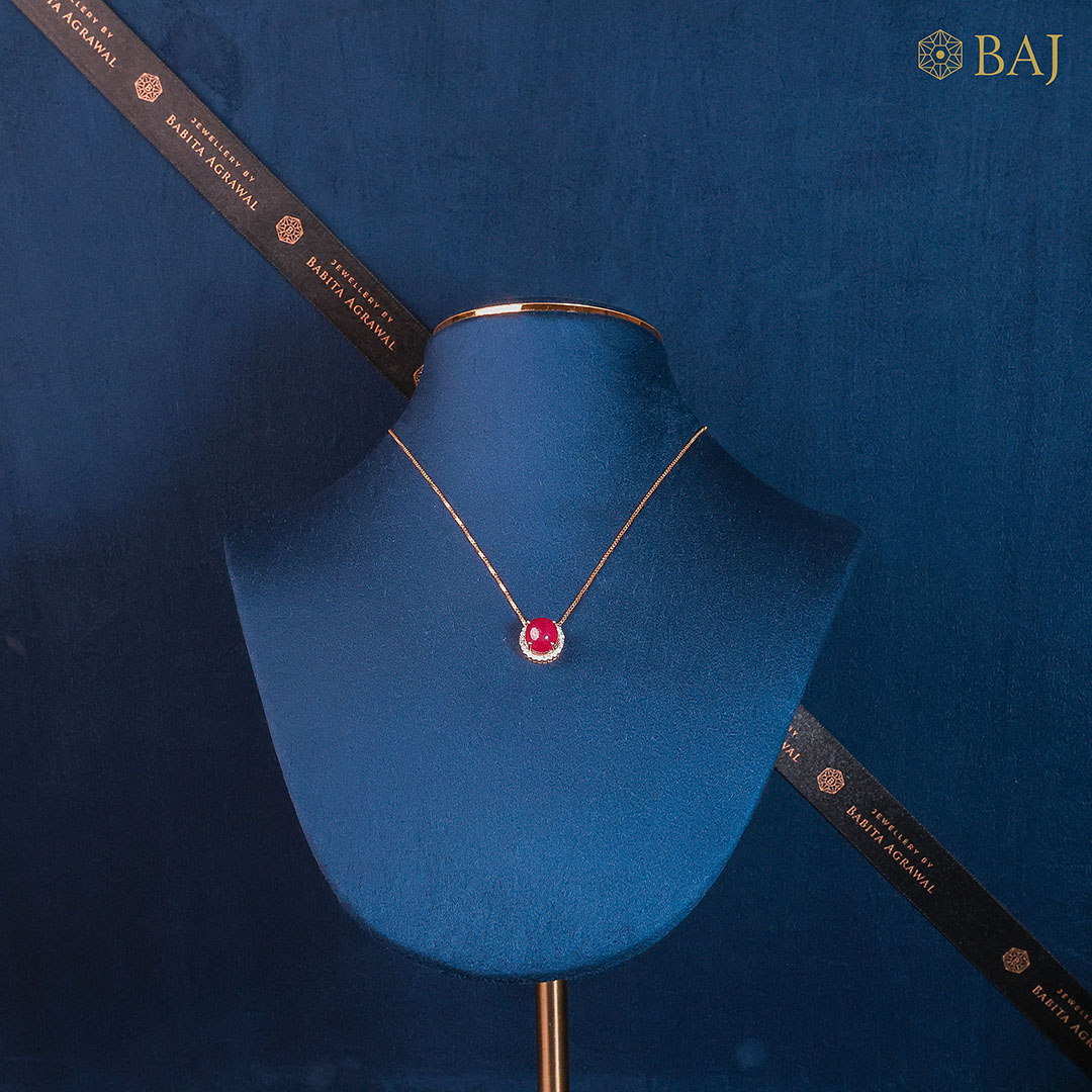 Scarlet Aura ruby and diamond pendant with chain in 18k gold featuring red gemstone center and diamond halo-2