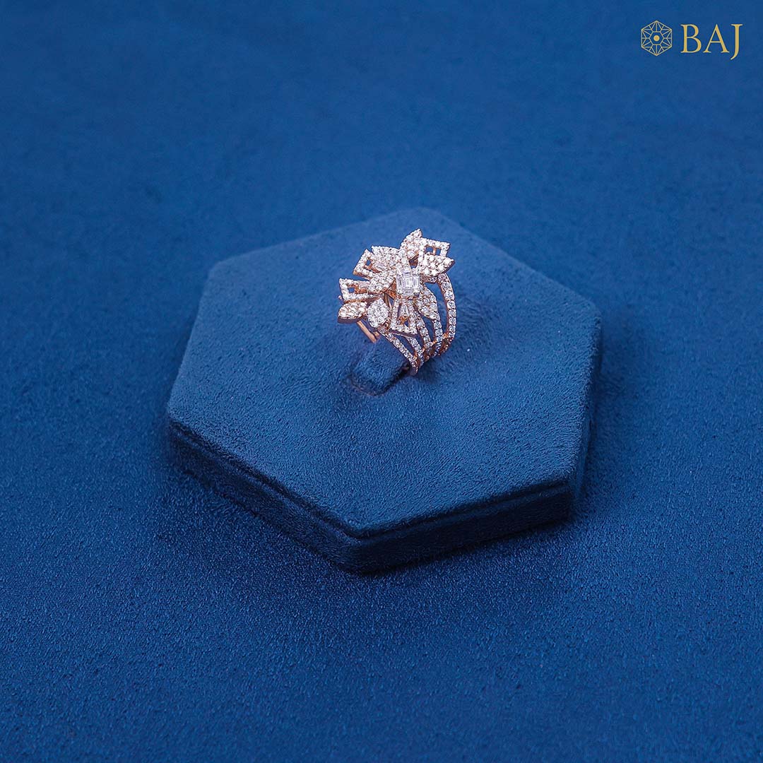 Floral flare diamond ring in 18kt rose gold with layered petal design