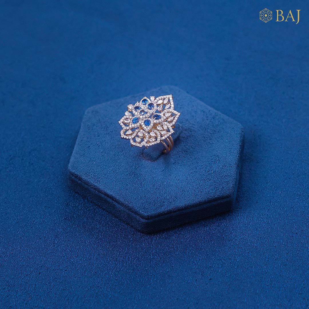 Blue Leaves diamond ring with blue gemstones in 18kt gold