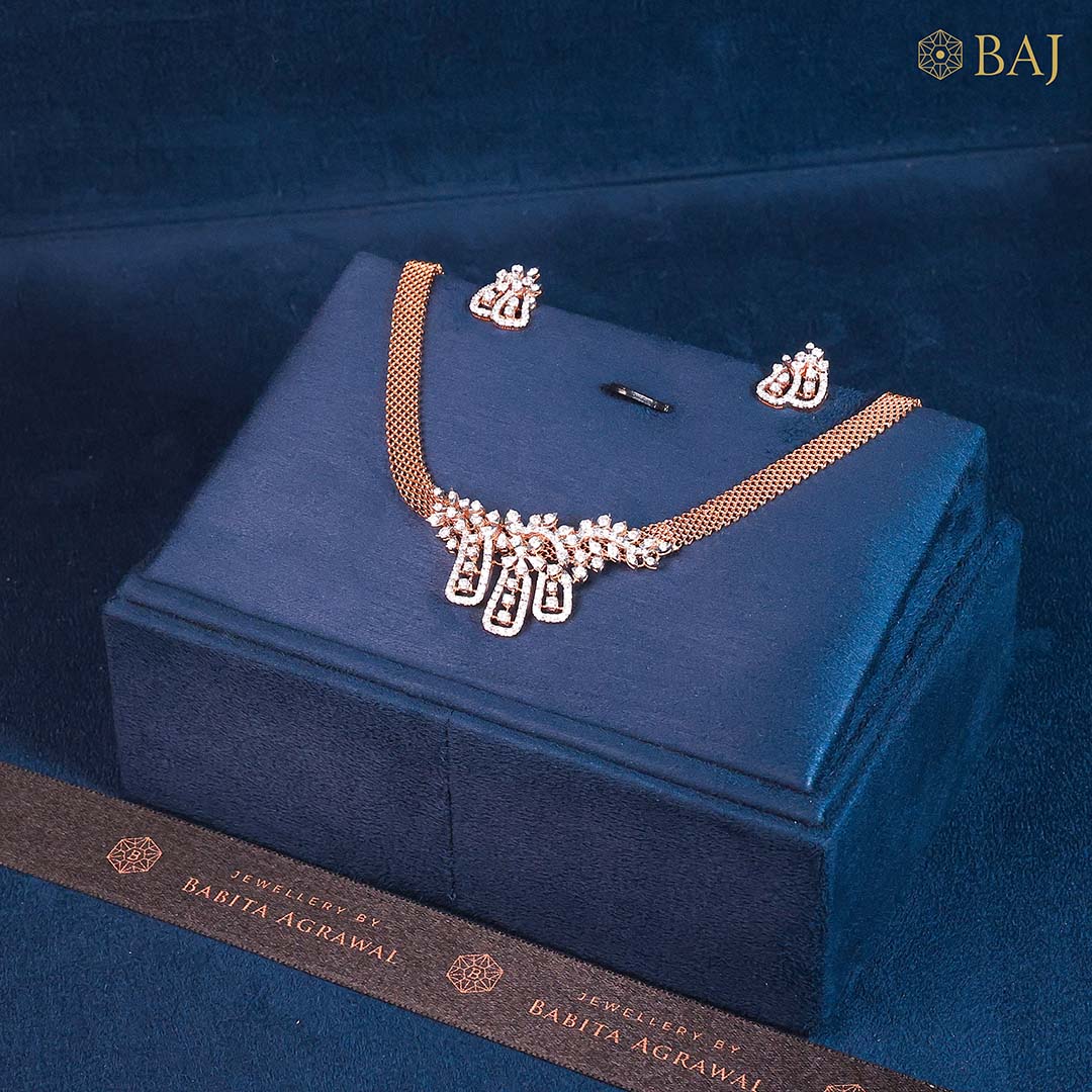 Designer gold mesh diamond necklace set in 14kt gold