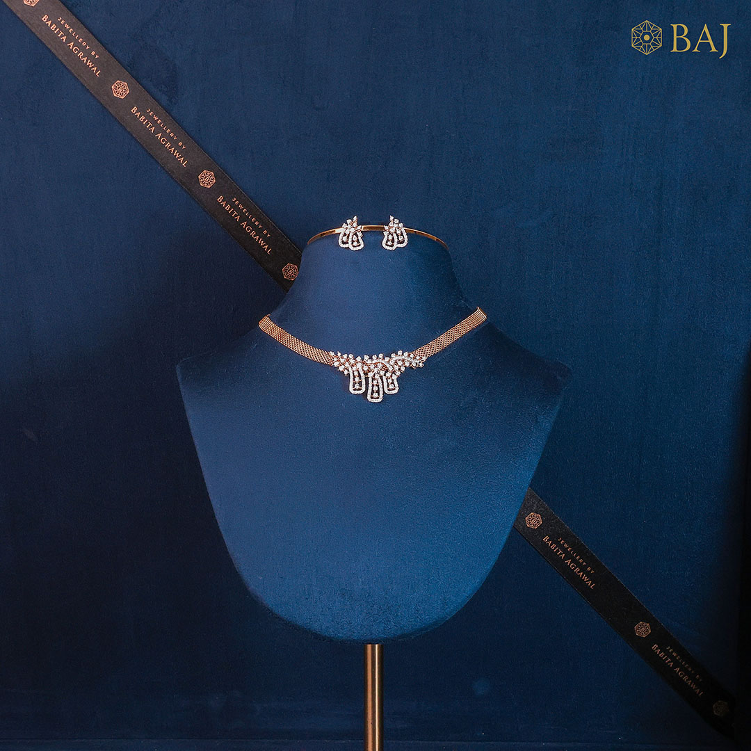 Designer gold mesh diamond necklace set in 14kt gold-2