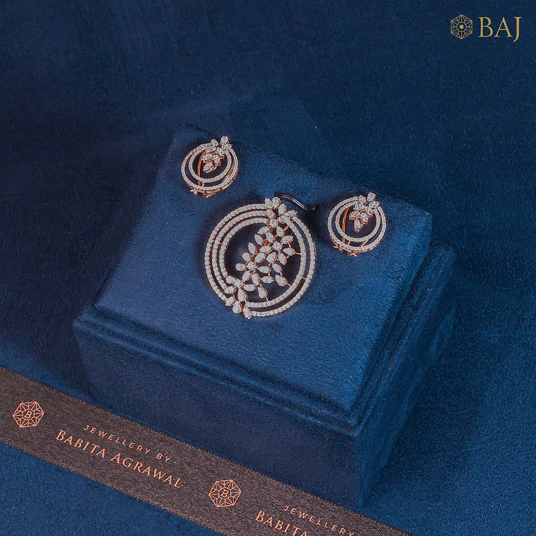 Celestial Halo diamond necklace set in 18k gold with matching earrings