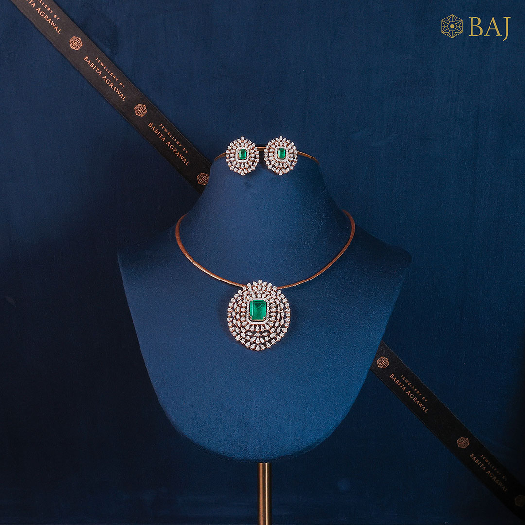 Emerald Royalty diamond necklace set with emerald center stone in 18k gold-2