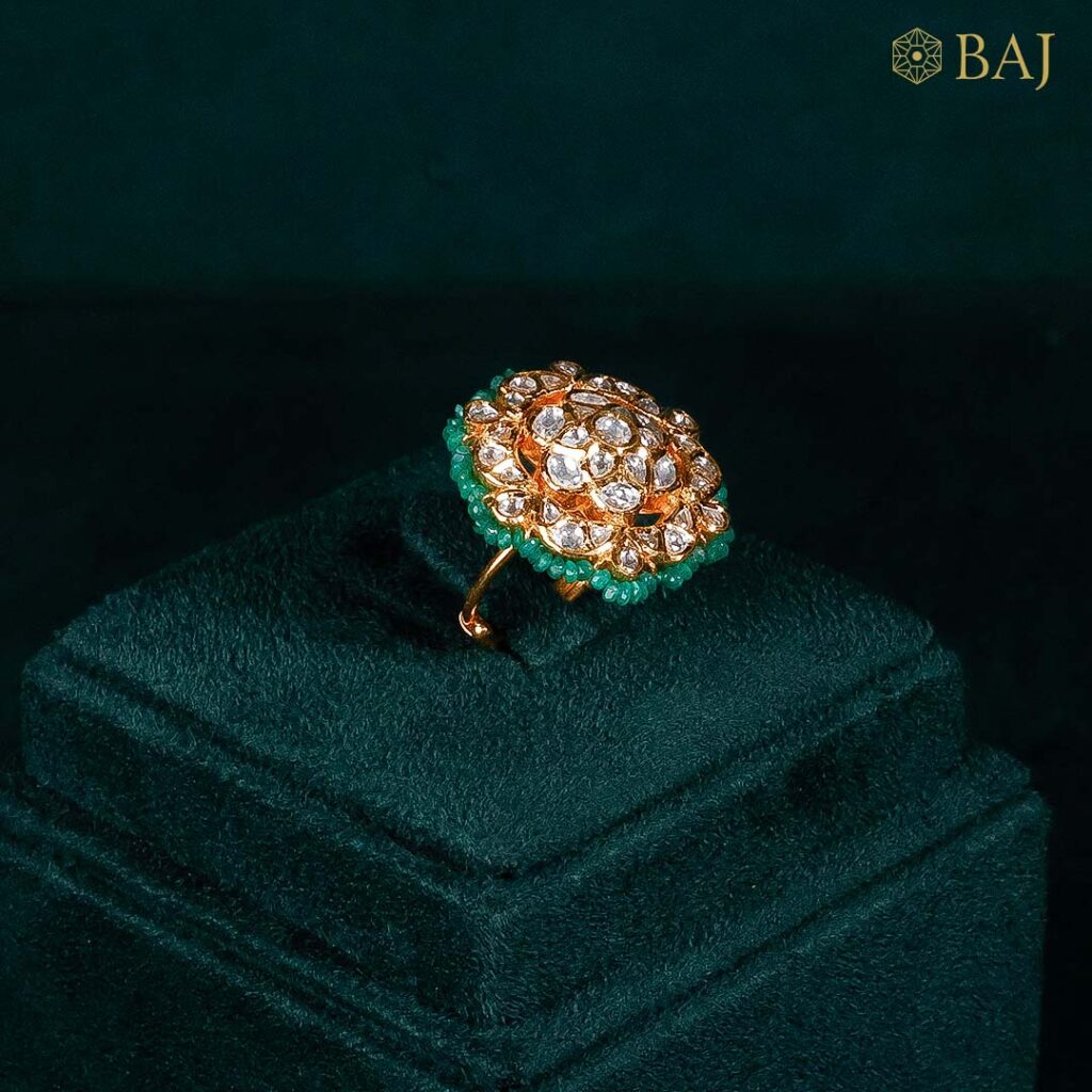 Floral Bikaneri Ring with Emerald Detailing