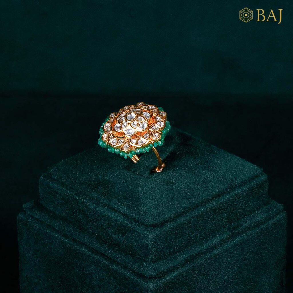 Floral Bikaneri Ring with Emerald Detailing