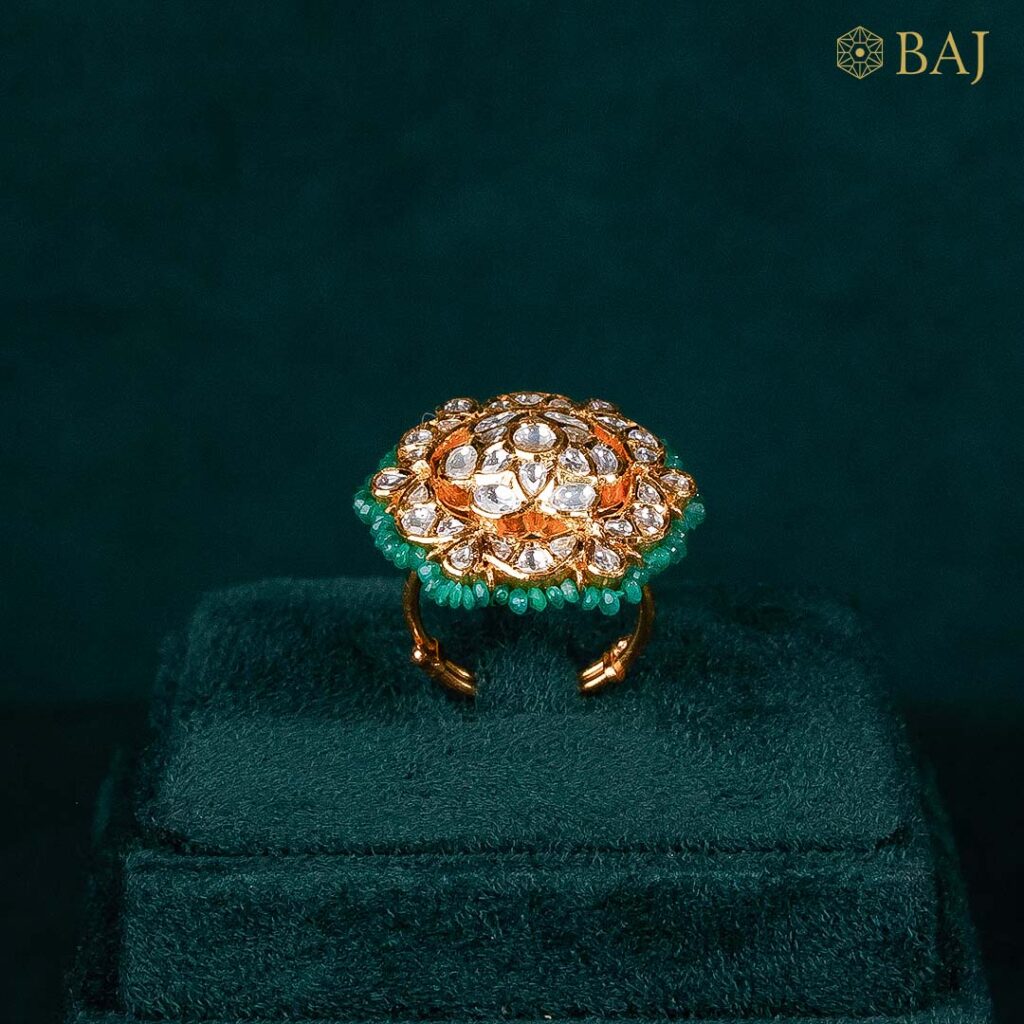 Floral Bikaneri Ring with Emerald Detailing