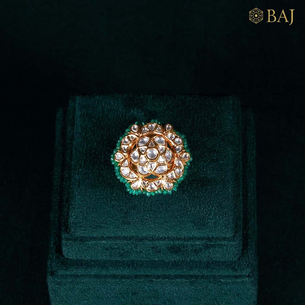 Floral Bikaneri Ring with Emerald Detailing