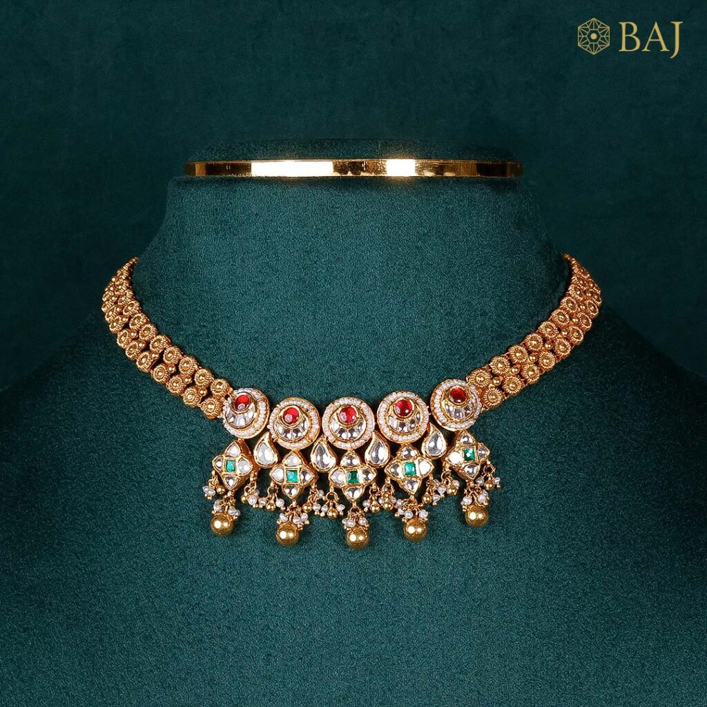 22Kt Kundan Bridal Necklace with Beaded Drops