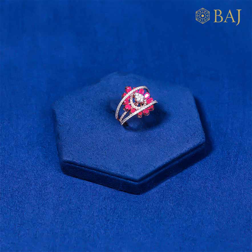 Entrap diamond ring with pink stones in 18kt gold