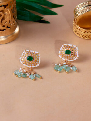 Floral Pearl and Green Gem Drop Earrings